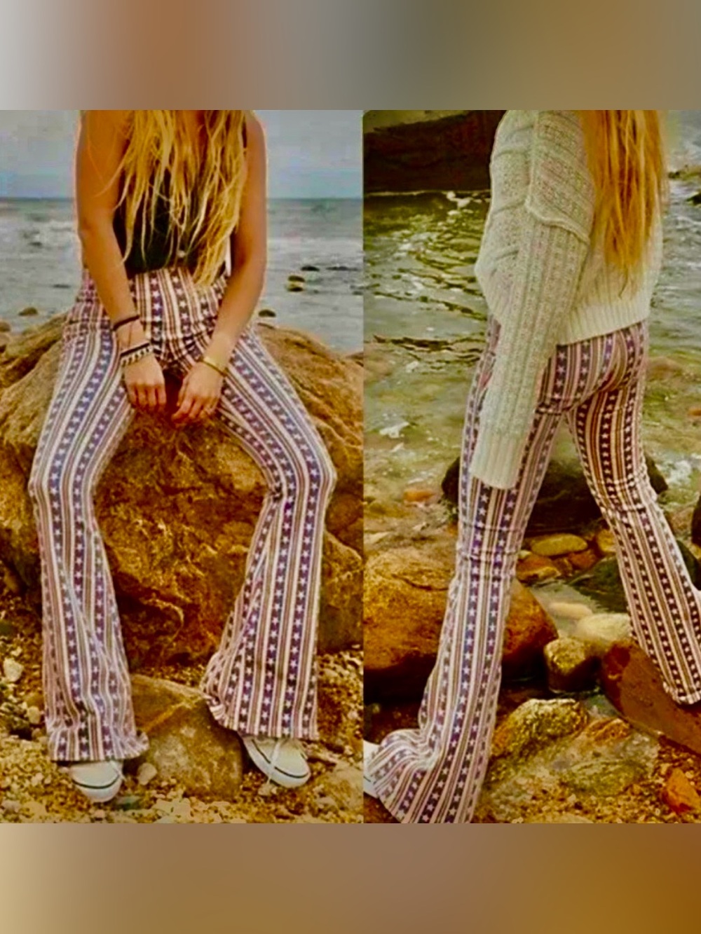 Free People Striped Star Print Flared Pants in Red, Blue, Cream - Picture 8 of 8